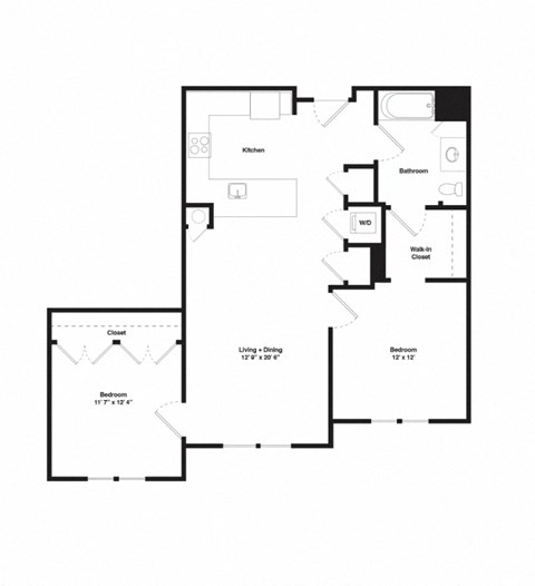 Floor plan for 2 beds, 1 bath, 934 sqft